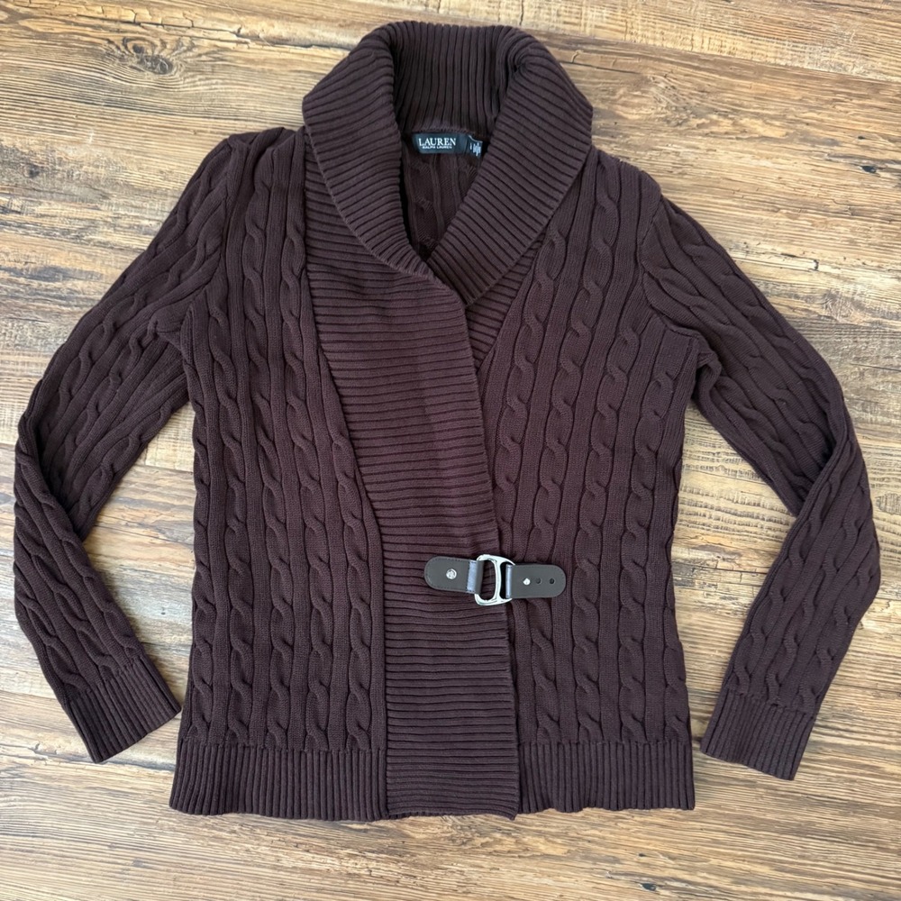 Lauren Ralph Lauren Cardigan Wrap Womens Large Brown Cable Knit Buckle Shawl - Picture 5 of 13